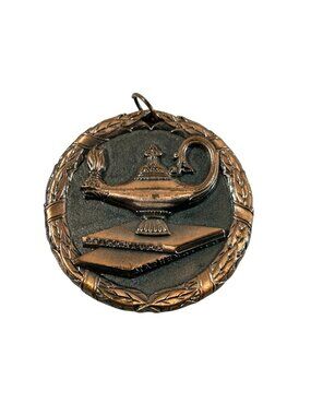 Lamp of Knowledge Learning Medal Bronze Tone Pendant Academic Scholastic READ